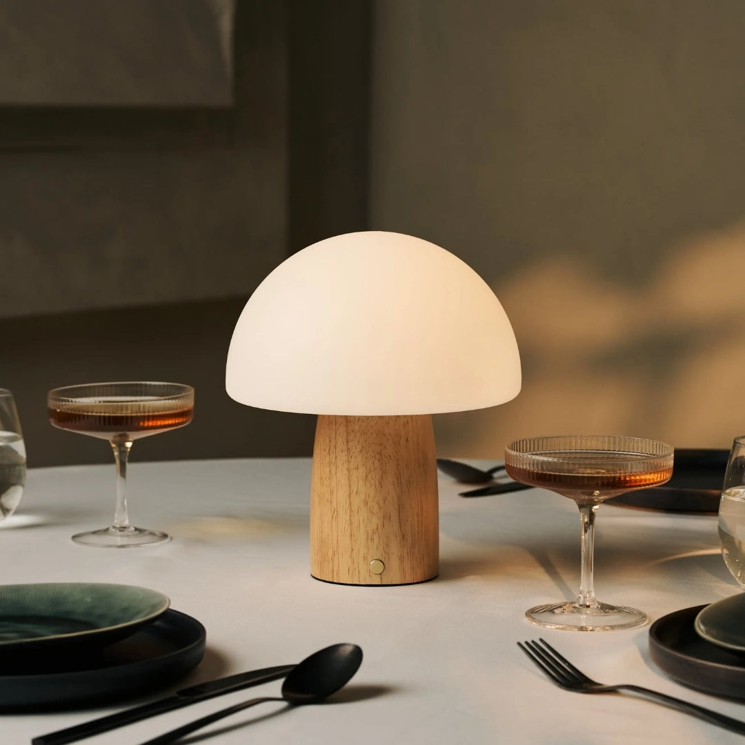 Pilz Lampe - Kabellose Holz-Tischlampe mit Touch-Bedienung