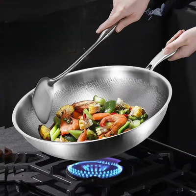 Wokpan - Gehamerde RVS Wok met Glazen Deksel
