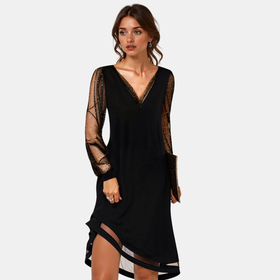 Velune - Elegante Avondjurk met Mesh Mouwen