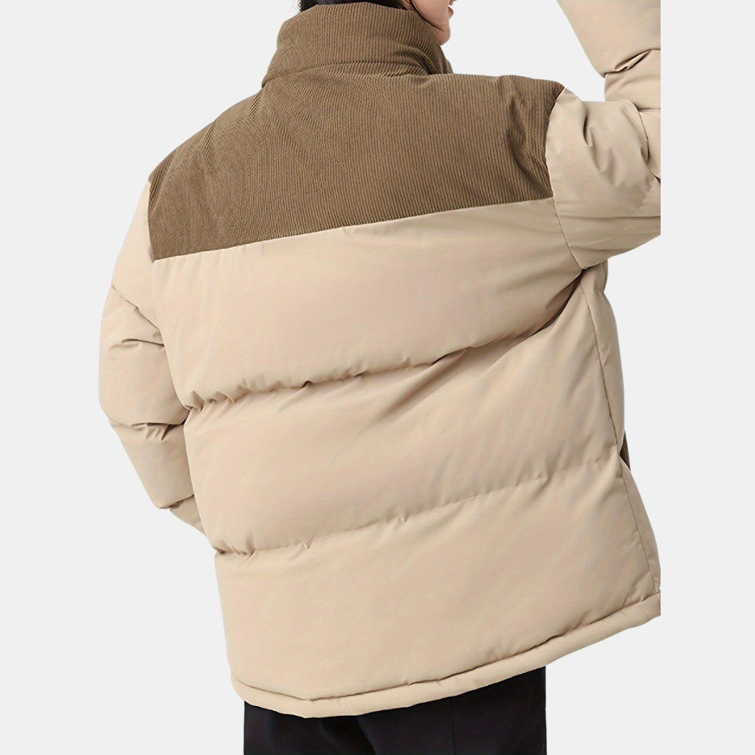 Beige Pufferjas met Corduroy Detail - Warme Regular Fit Herenjas - Ravento