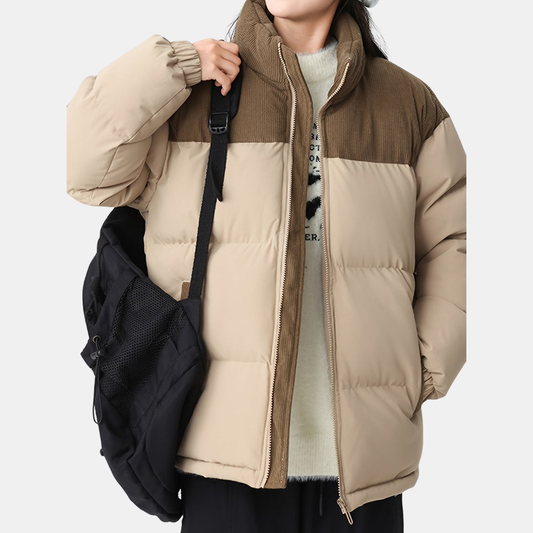 Beige Pufferjas met Corduroy Detail - Warme Regular Fit Herenjas - Ravento