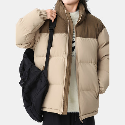 Beige Pufferjas met Corduroy Detail - Warme Regular Fit Herenjas - Ravento