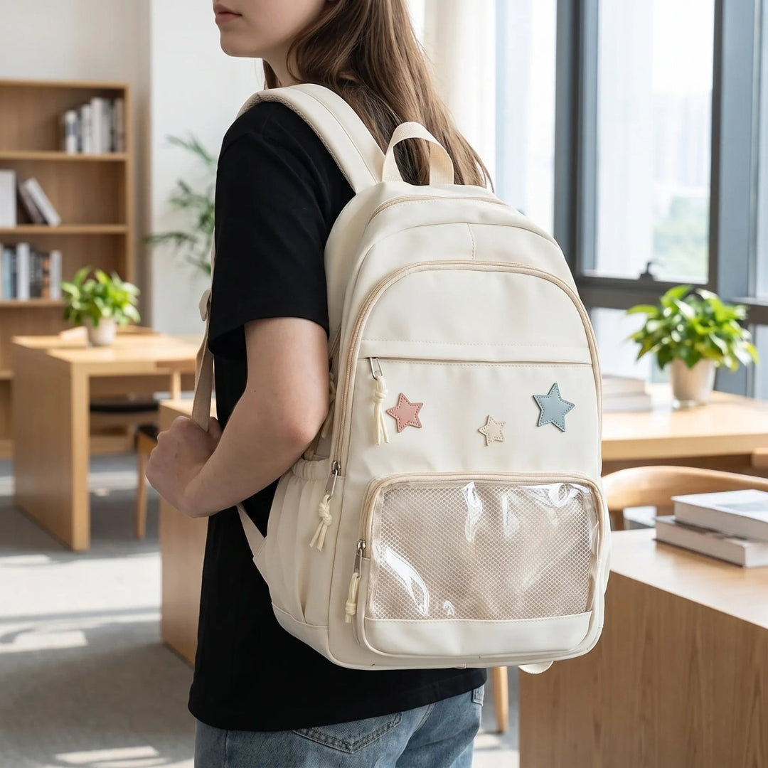 Schooltas Voor Meiden - Sterren Design met Transparant Voorvak