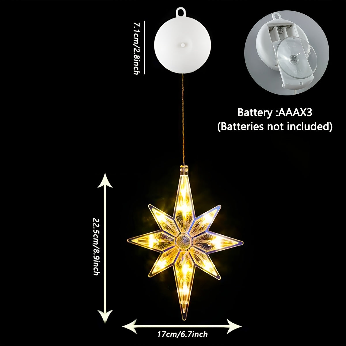 2 projecteurs d'étoiles à ventouse avec lumières à piles - Lampes suspendues pour plafond/mur/fenêtre avec lumière blanc chaud, décorations de chambre, de Noël et d'hiver en plastique (piles non incluses)