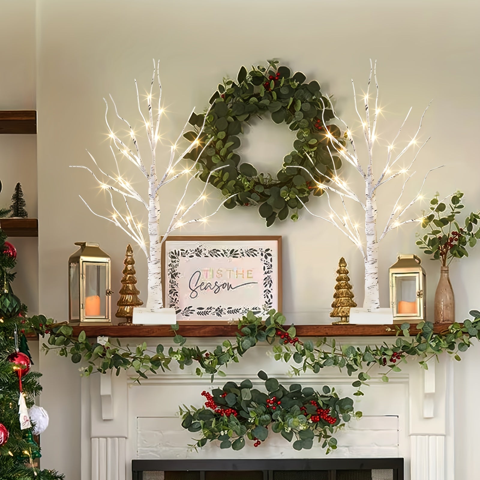 2pcs 24 Inch White Birch Tree Decorative Lights - Battery Operated, Warm White, Desktop, Artificial Tree with Christmas Center Fireplace Holder, Perfect for Home, Holiday Decorations | Traditional Style | Battery Operated Tree, Christmas Decorations  sint