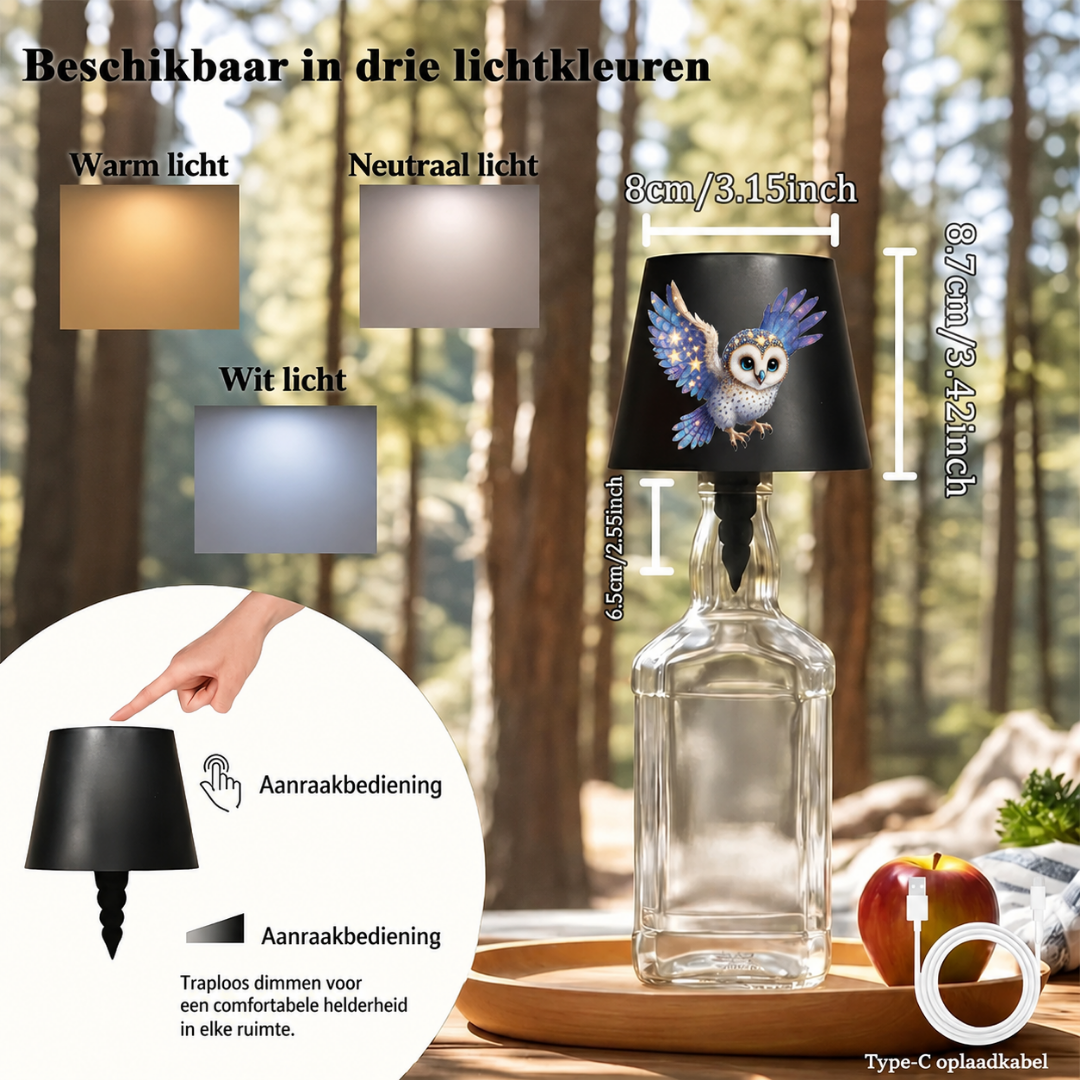 Fles Tafellamp - LED Sfeerlamp met Uil Design
