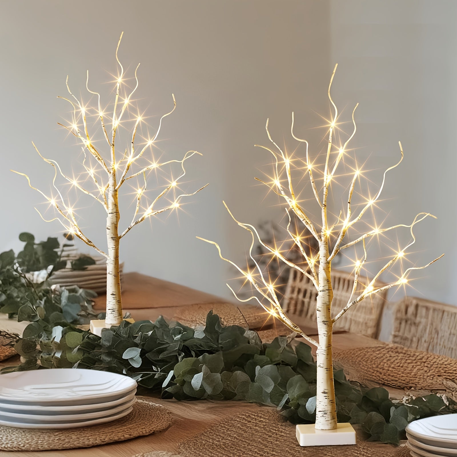 2pcs 24 Inch White Birch Tree Decorative Lights - Battery Operated, Warm White, Desktop, Artificial Tree with Christmas Center Fireplace Holder, Perfect for Home, Holiday Decorations | Traditional Style | Battery Operated Tree, Christmas Decorations  sint