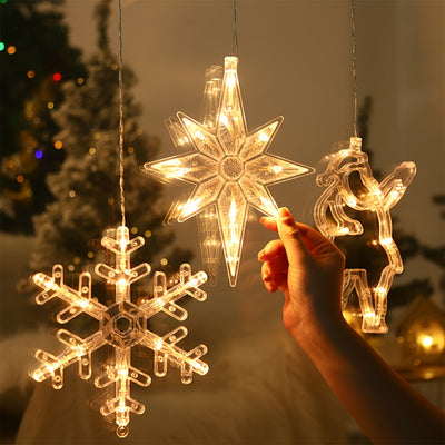 2 projecteurs d'étoiles à ventouse avec lumières à piles - Lampes suspendues pour plafond/mur/fenêtre avec lumière blanc chaud, décorations de chambre, de Noël et d'hiver en plastique (piles non incluses)