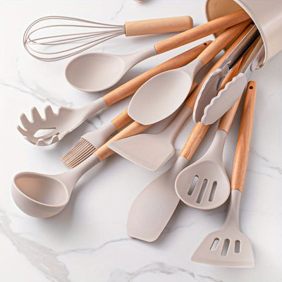 CookEase - Keuken Set - 12-delige siliconen keukengerei set met houten handgrepen
