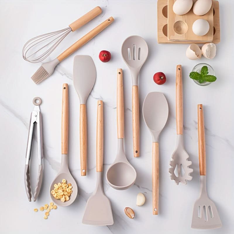 CookEase - Keuken Set - 12-delige siliconen keukengerei set met houten handgrepen