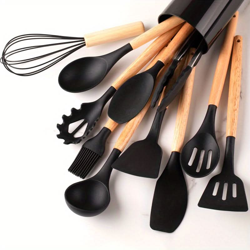 CookEase - Keuken Set - 12-delige siliconen keukengerei set met houten handgrepen