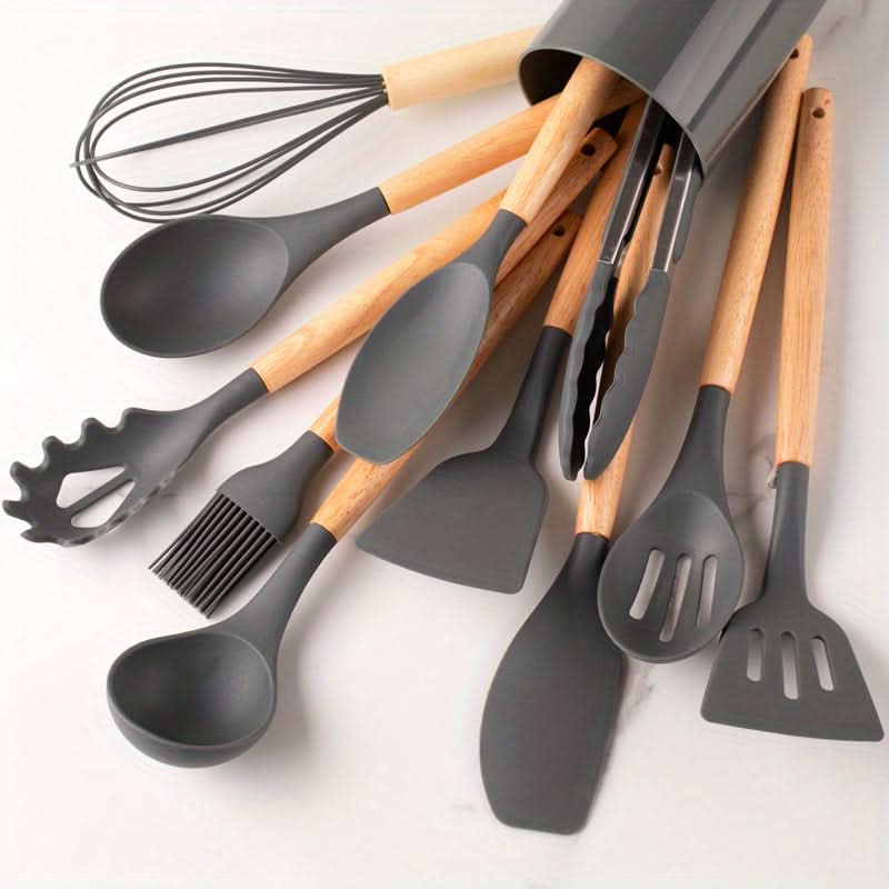 CookEase - Keuken Set - 12-delige siliconen keukengerei set met houten handgrepen
