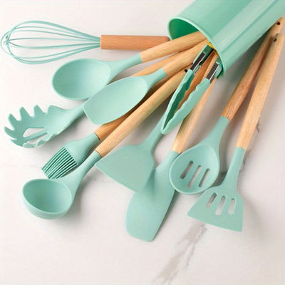 CookEase - Keuken Set - 12-delige siliconen keukengerei set met houten handgrepen