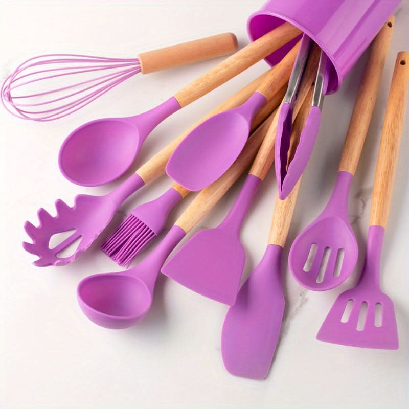 CookEase - Keuken Set - 12-delige siliconen keukengerei set met houten handgrepen