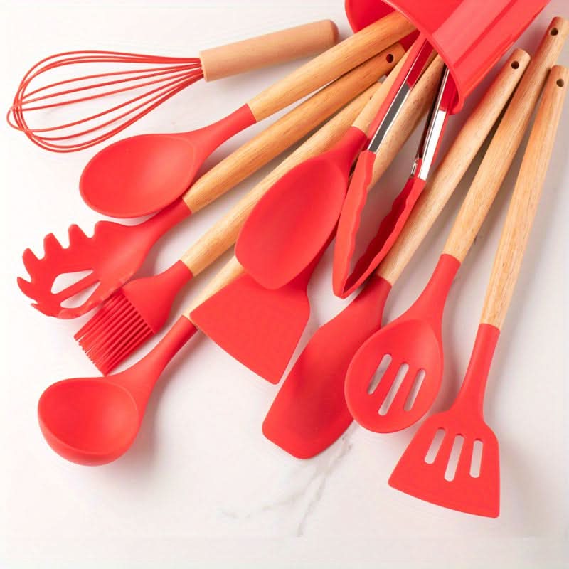 CookEase - Keuken Set - 12-delige siliconen keukengerei set met houten handgrepen