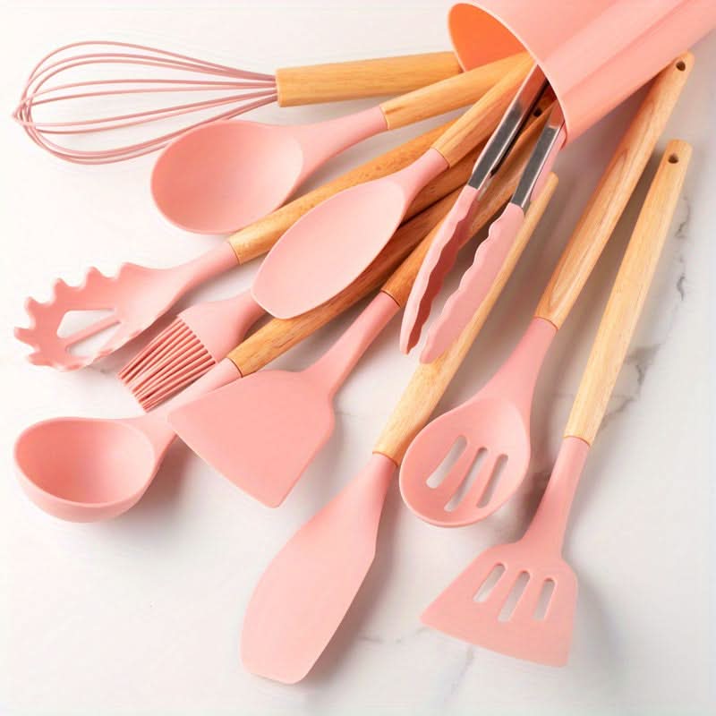 CookEase - Keuken Set - 12-delige siliconen keukengerei set met houten handgrepen