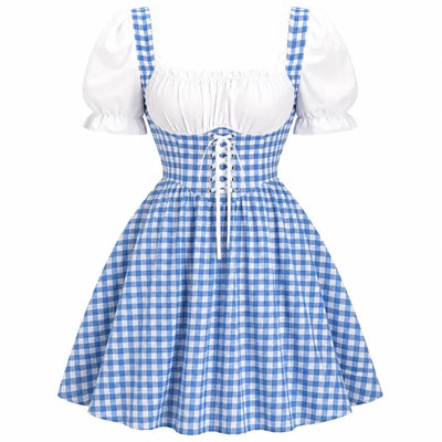 Oktoberfest Jurk Dames - Geruit Met Pofmouwen En Strikdetails