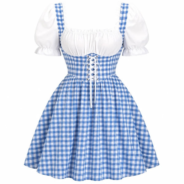 Oktoberfest-ruha nőknek - kockás, puffos ujjakkal és masnidíszítéssel