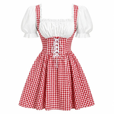 Oktoberfest Jurk Dames - Geruit Met Pofmouwen En Strikdetails