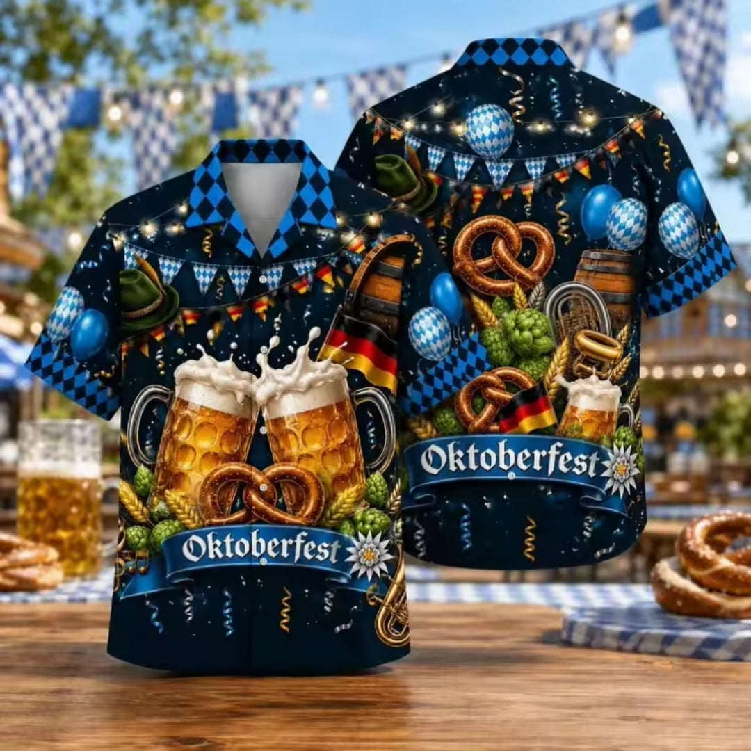 Oktoberfest Overhemd - 3D Print Bierpatroon met Korte Mouwen