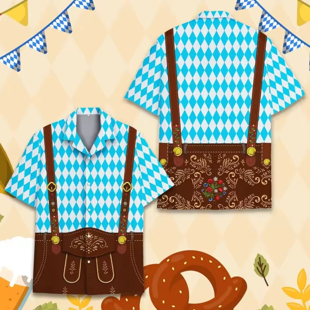 Oktoberfest Overhemd - Lederhosen Bierfeest Design met Korte Mouwen