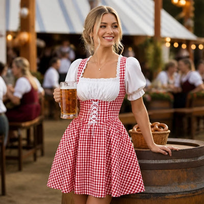Oktoberfest Jurk Dames - Geruit Met Pofmouwen En Strikdetails