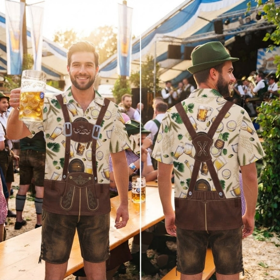 Oktoberfest Overhemd - Lederhosen Bierfeest Design met Korte Mouwen