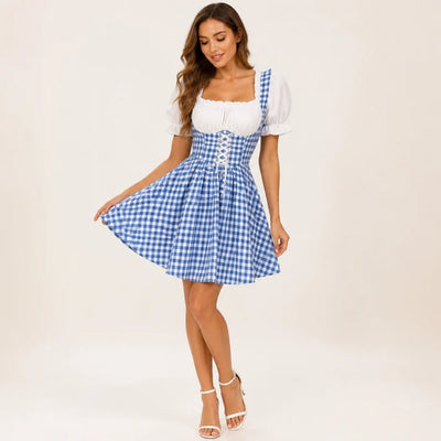 Oktoberfest Jurk Dames - Geruit Met Pofmouwen En Strikdetails