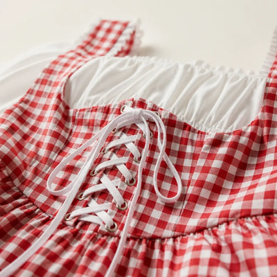 Oktoberfest Jurk Dames - Geruit Met Pofmouwen En Strikdetails