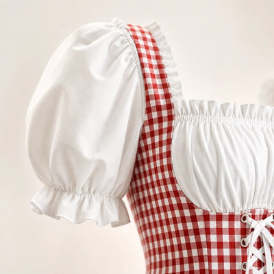 Oktoberfest Jurk Dames - Geruit Met Pofmouwen En Strikdetails