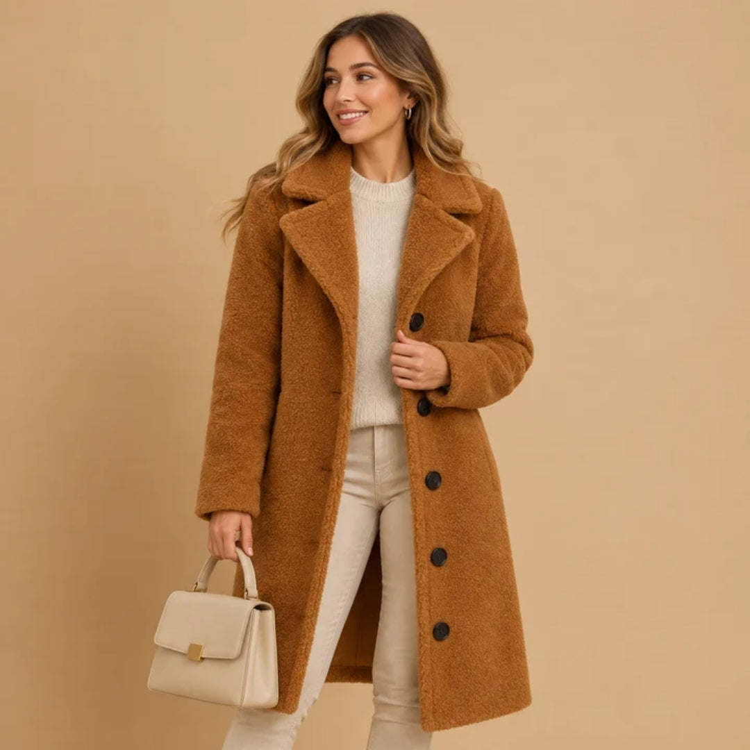 Lange Teddy Jas Dames - Knopen Met Relaxte Pasvorm