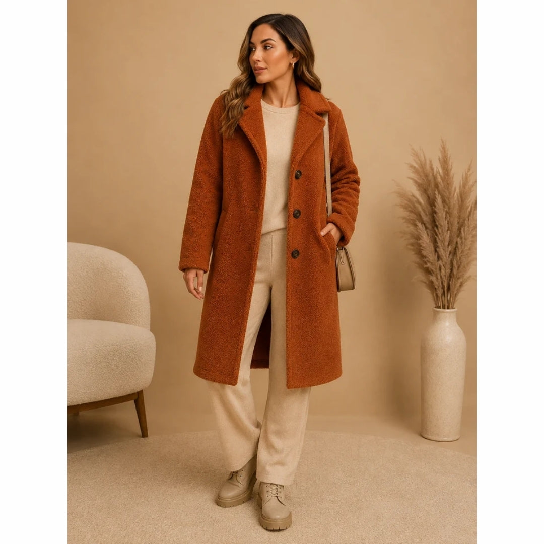 Lange Teddy Jas Dames - Knopen Met Relaxte Pasvorm