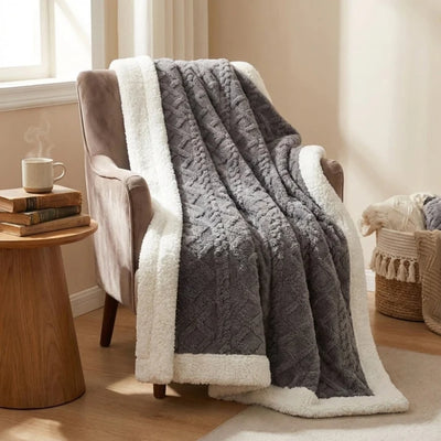 Fleece Deken Voor Bank en Bed - Zachte Sherpa Voering Met 3D Kabelpatroon