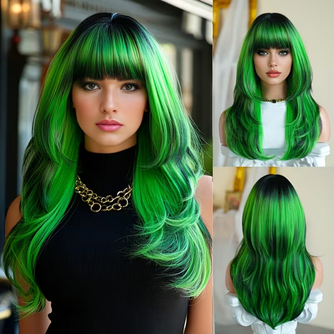 Halloween Pruik Groen - Lang en Golvend met Pony