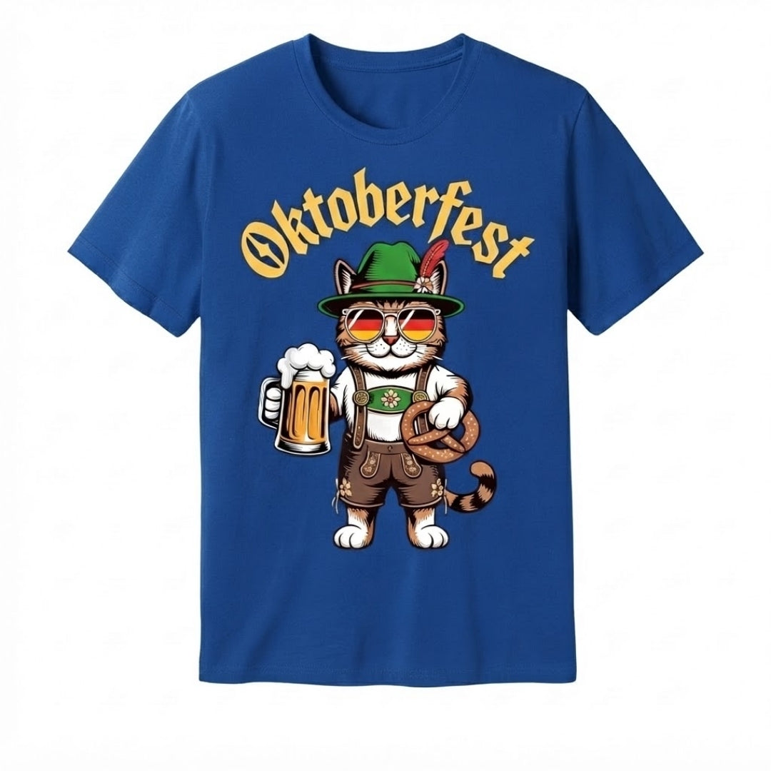 Oktoberfest T-Shirt Heren - Kat Met Pretzel En Bierprint