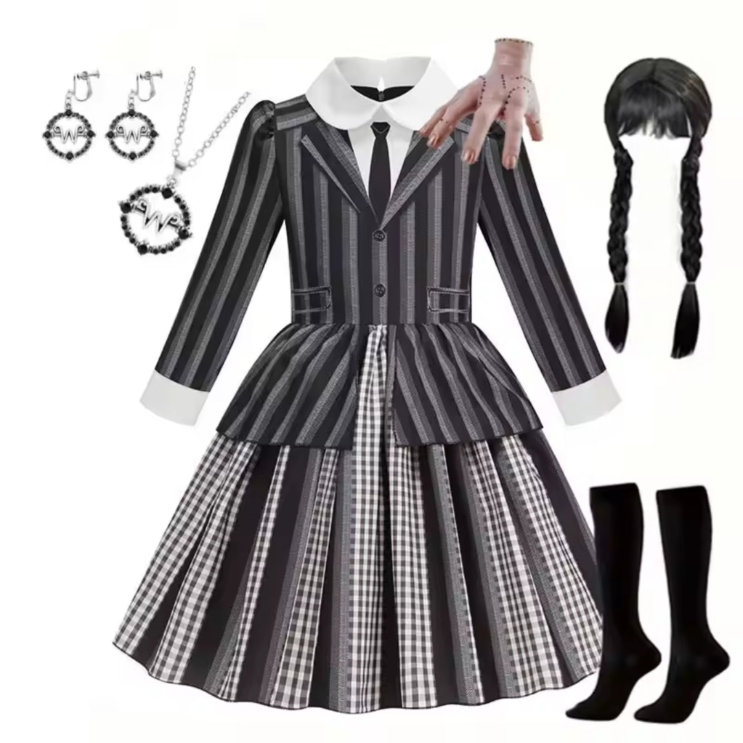 Kids Halloween Wednesday Kostuum met Pruik en Accessoires