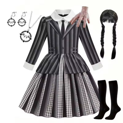 Kids Halloween Wednesday Kostuum met Pruik en Accessoires