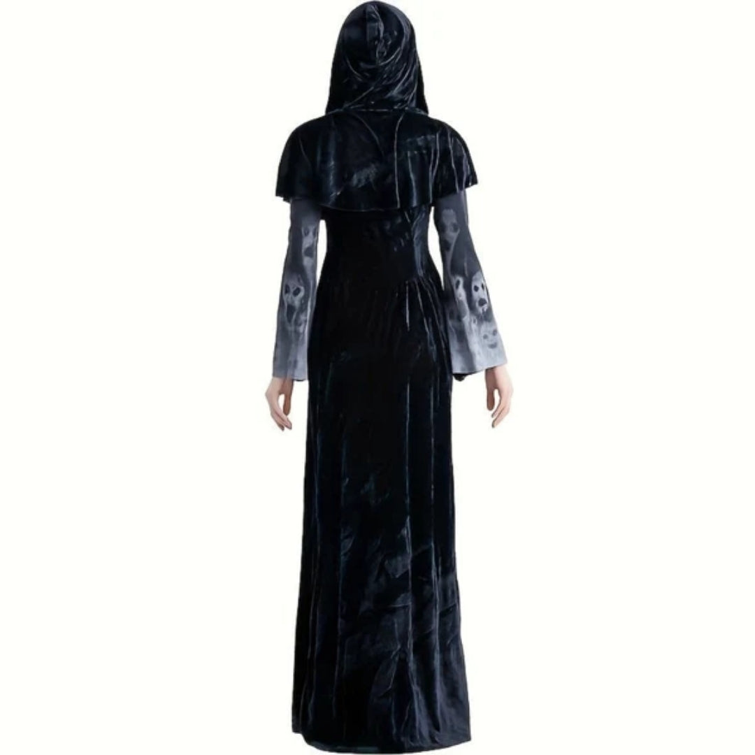Halloween Heksen Jurk met Schedelprint en Capuchon-Cape