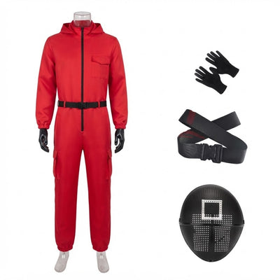 Halloween Kostuum - Squid Game Jumpsuit met Masker en Handschoenen