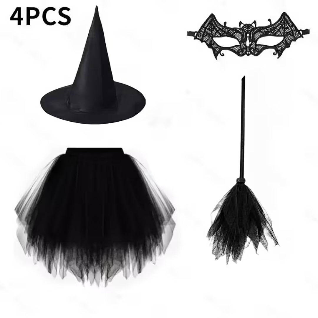 Halloween Heksenjurk met Hoed, Kanten Oogmasker en Bezem