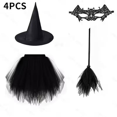 Halloween Heksenjurk met Hoed, Kanten Oogmasker en Bezem