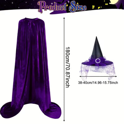 Halloween Heksen Kostuum - Paarse Fluwelen Cape met Hoed