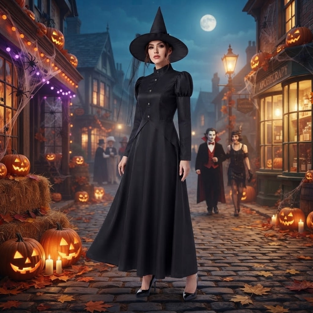 Halloween Lange Zwarte Heksenjurk -