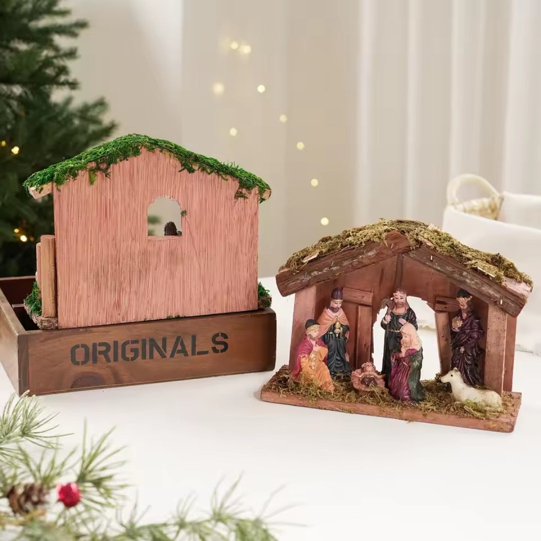 Kerstdecoratie Kerststal - Decoratief Geboortetafereel in Houten Huisje