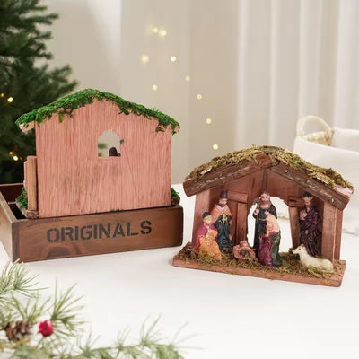 Kerstdecoratie Kerststal - Decoratief Geboortetafereel in Houten Huisje