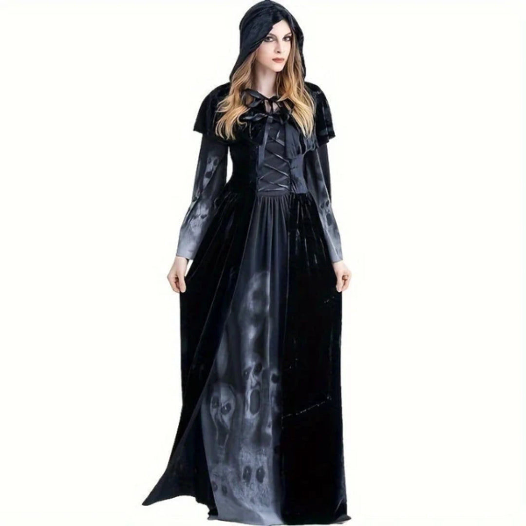 Halloween Heksen Jurk met Schedelprint en Capuchon-Cape