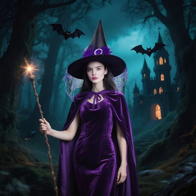 Halloween Heksen Kostuum - Paarse Fluwelen Cape met Hoed