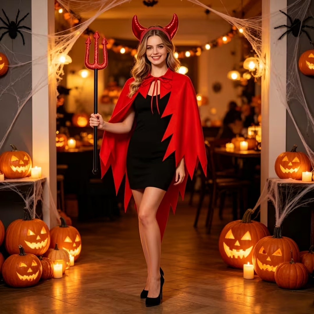 Halloween Duivel Kostuum - 3-Delig met Cape, Hoorns en Drietand