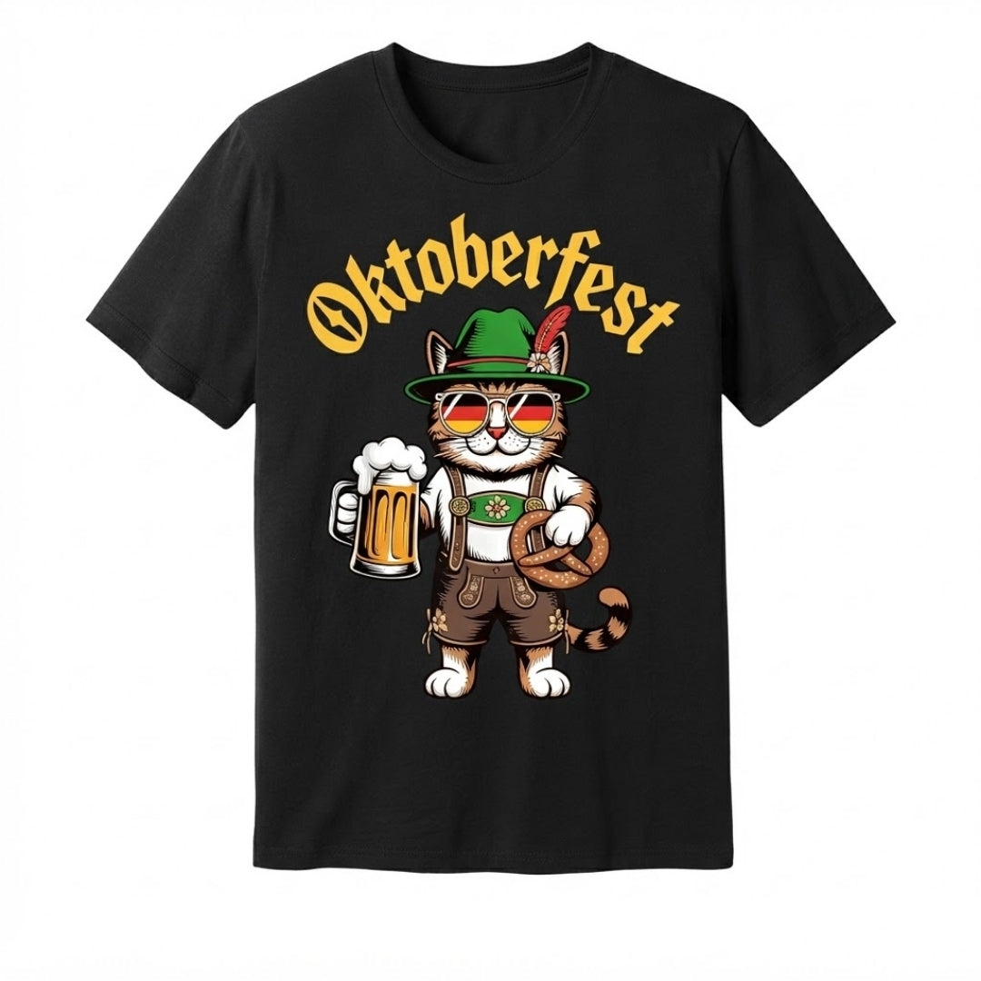 Oktoberfest T-Shirt Heren - Kat Met Pretzel En Bierprint