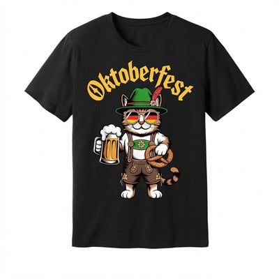 Oktoberfest T-Shirt Heren - Kat Met Pretzel En Bierprint